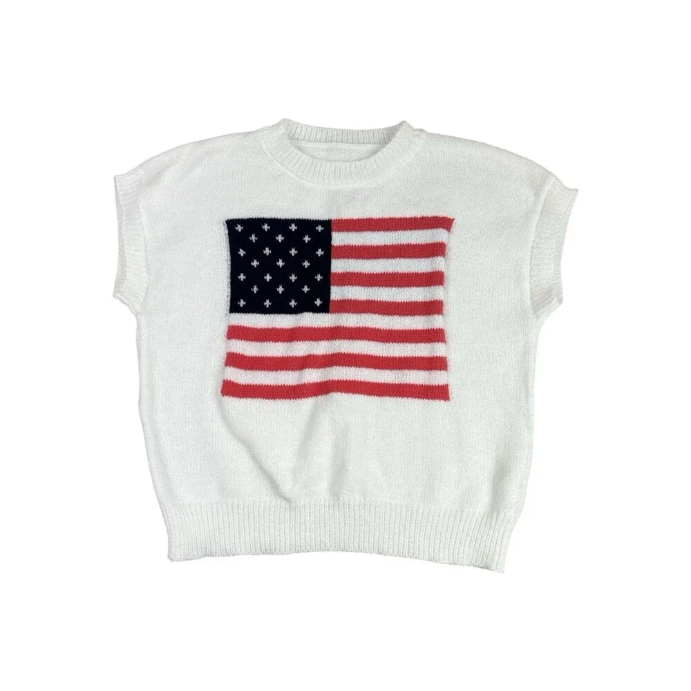 American Flag Sweater Vest Women Small White Knit Patriotic USA Cottagecore